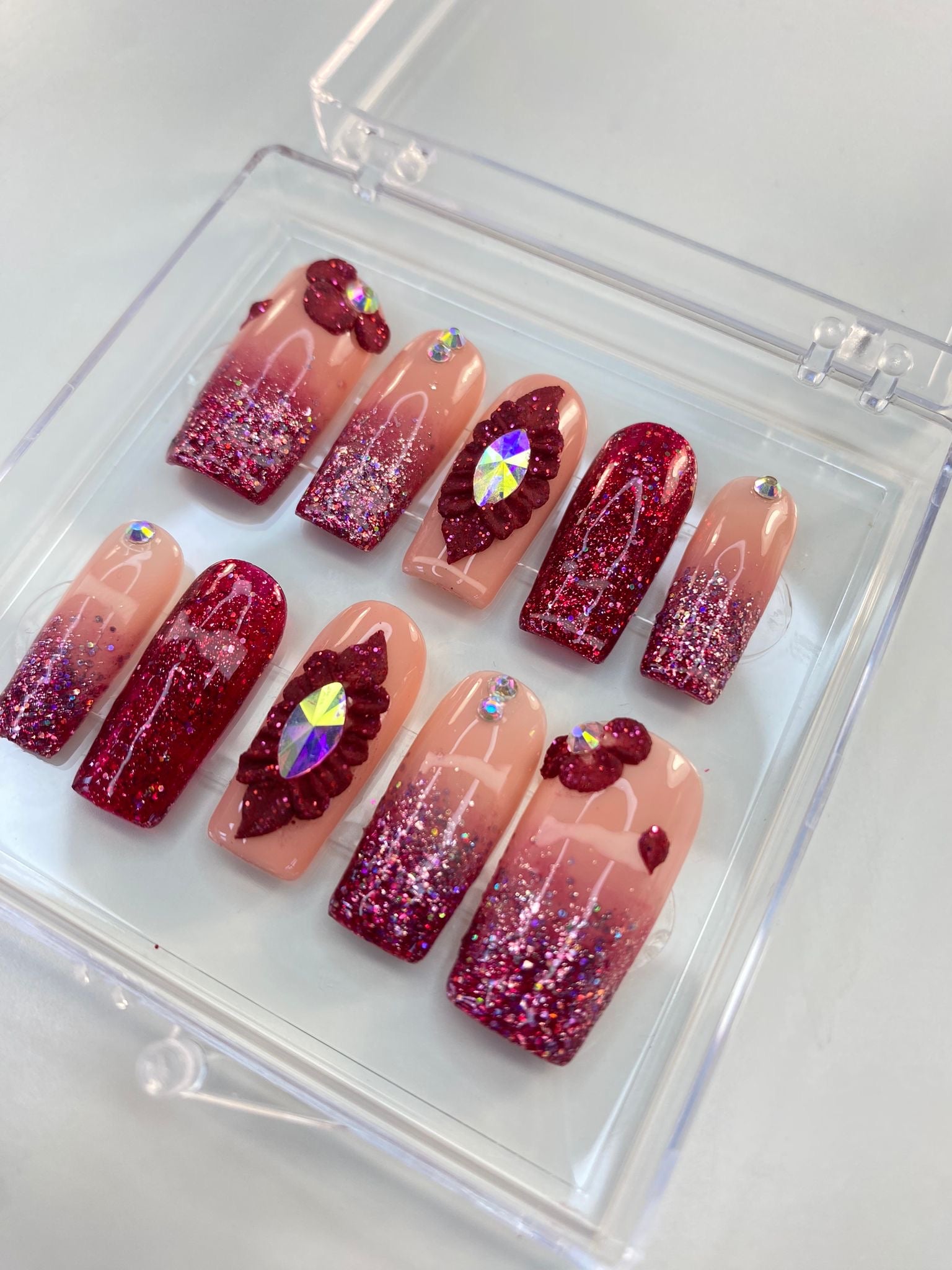 Short Red Nails with 3D Glitter Flower